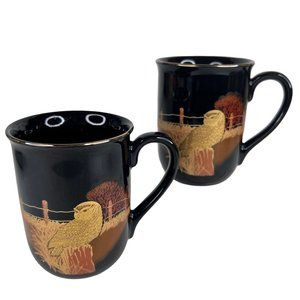 2 Otagiri Owl Mugs Black Gold Japan Vintage Set Coffee Cup Metallic Gold Trim